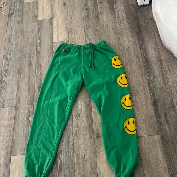 Aviator Nation Pants - Aviator Nation Green Track Pants with Yellow Smiley Face Detail